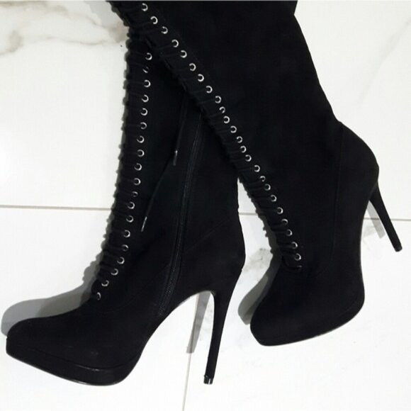 Black Eyelet Lace Up Platform Suedette Boots - Picture 10 of 16